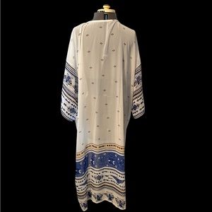 Semi sheer kimono swim cover up white with navy Aztec design OS